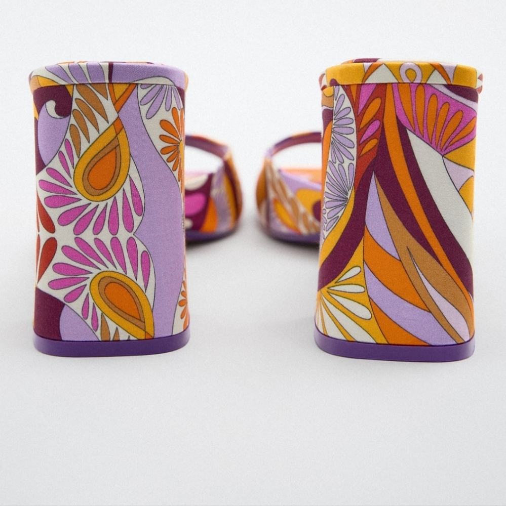 Zara Orange Purple Pink Patterned Block Heel Sandals - Picture 5 of 9